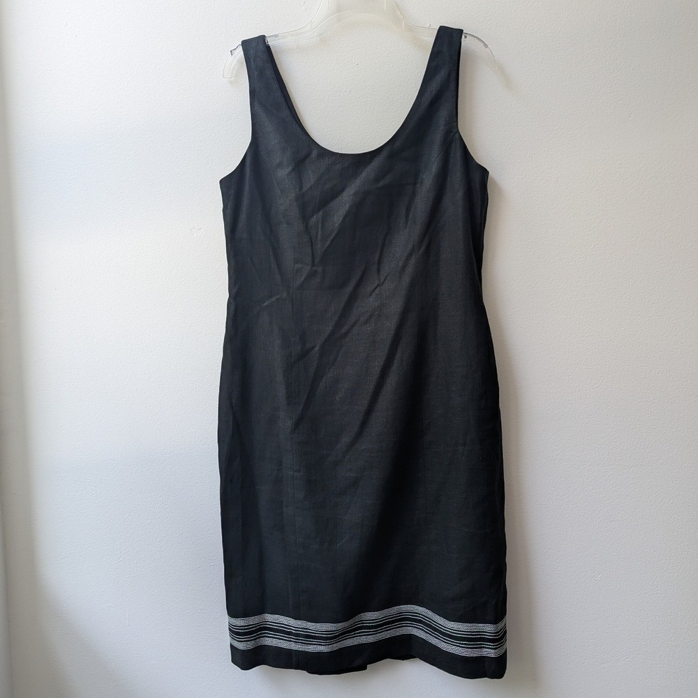 Vtg Sheath Dress Black Linen Striped Hem Sleeveless Sz 14 Minimalist Chic LBD